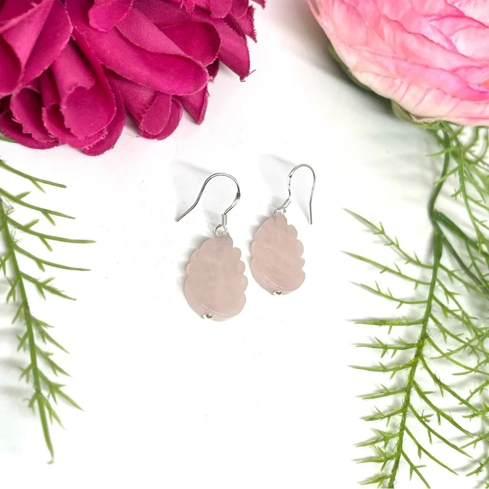 NEW⚜️Carved ROSE QUARTZ Petal Sterling Silver Earrings